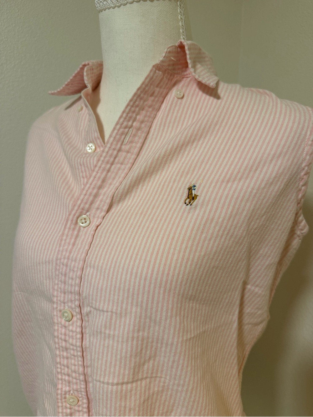 Ralph Lauren Pink and White Striped Button-Down Sleeveless Collared Pony Shirt